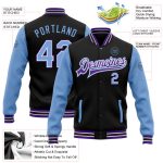 Custom Name and Number Two Tone Bomber Jacket Black Light Blue-Purple Full-Snap Varsity Letterman Personalized Black Light
