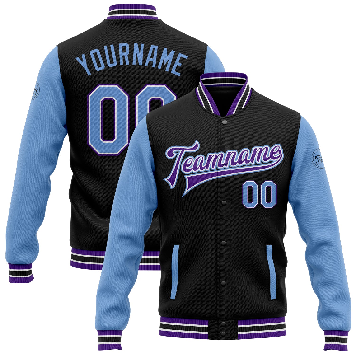 Custom Name and Number Two Tone Bomber Jacket Black Light Blue-Purple Full-Snap Varsity Letterman Personalized Black Light