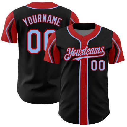 Custom Name and Number Authentic Baseball Jersey in Black and Light Blue-Red - 3 Color Arm Shapes Personalized Black Light