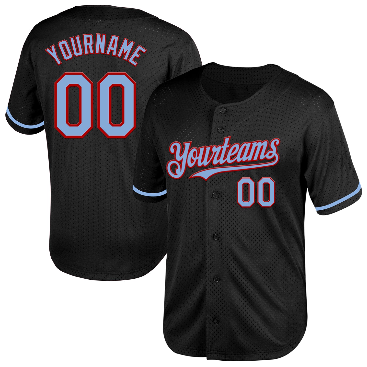 Personalized Custom Baseball Jersey - Black Light Blue Red Mesh, Authentic Throwback with Team Name & Number Personalized