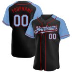Personalized Black Light Blue Red Baseball Jersey with Raglan Sleeves Personalized Black Light Blue-Red Raglan Sleeves Baseball