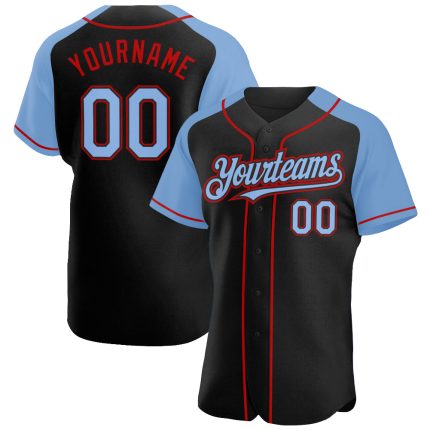 Personalized Black Light Blue Red Baseball Jersey with Raglan Sleeves Personalized Black Light Blue-Red Raglan Sleeves Baseball
