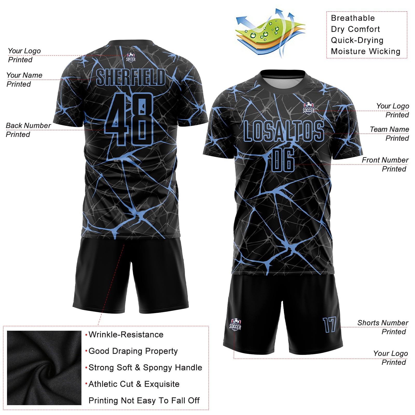 Personalized Black Light Blue Sublimation Soccer Uniform Jersey Personalized Black Light Blue Soccer Jersey Uniform - Custom Sublimation Design Personalized Black Light Blue Sublimation - Image 3