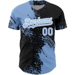 Custom Name and Number Personalized 3D Abstract Brush Stroke Baseball Jersey - Black Light Blue-White Design Personalized