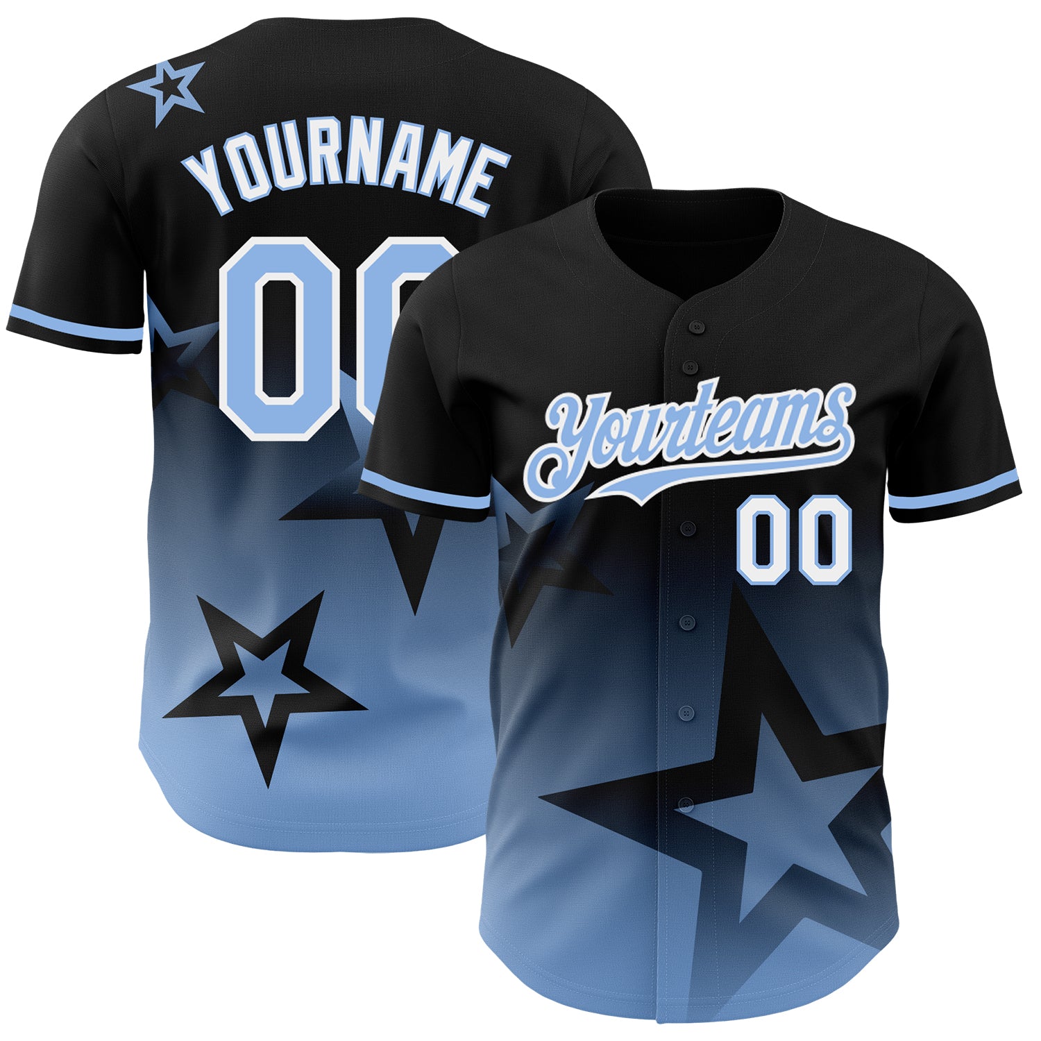 Personalized Gradient Twinkle Star Baseball Jersey - Custom Name & Number, Black Light Blue-White 3D Design Personalized