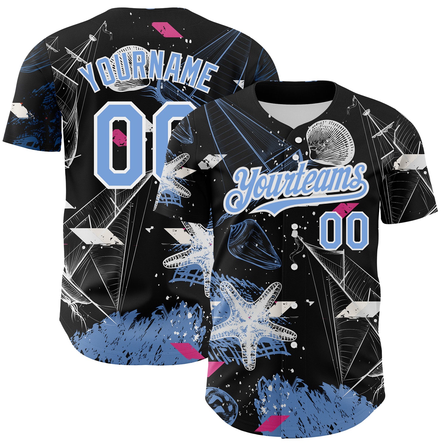 Custom Name and Number Authentic Baseball Jersey - 3D Pattern Sailing Boats Black Light Blue White Design Personalized Black