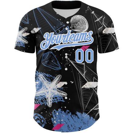 Custom Name and Number Authentic Baseball Jersey - 3D Pattern Sailing Boats Black Light Blue White Design Personalized Black