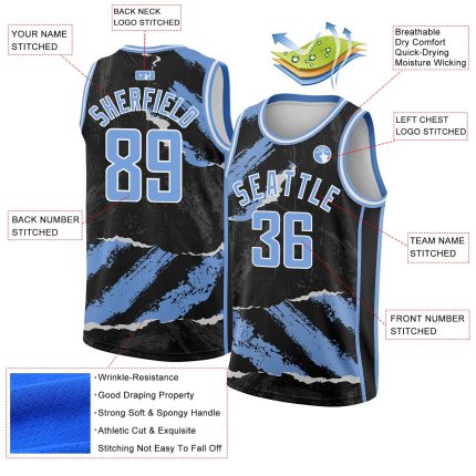 Custom Basketball Jersey with 3D Torn Paper Design - Personalized Black Light Blue & White - Custom Name & Number Personalized