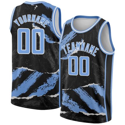 Custom Basketball Jersey with 3D Torn Paper Design - Personalized Black Light Blue & White - Custom Name & Number Personalized