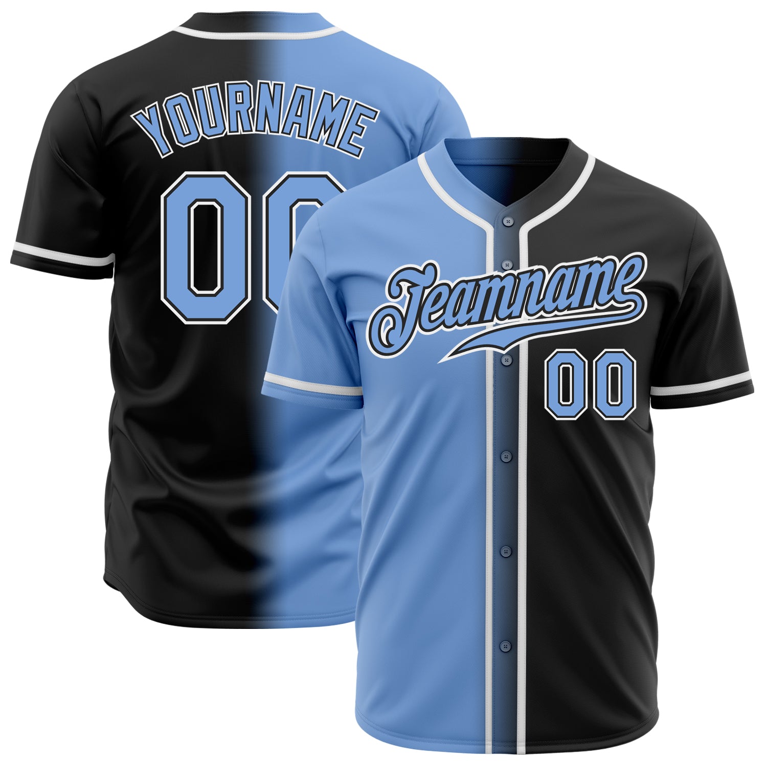 Custom Gradient Baseball Jersey - Personalized Black Light Blue-White Team Jersey with Name & Number Personalized Black Light