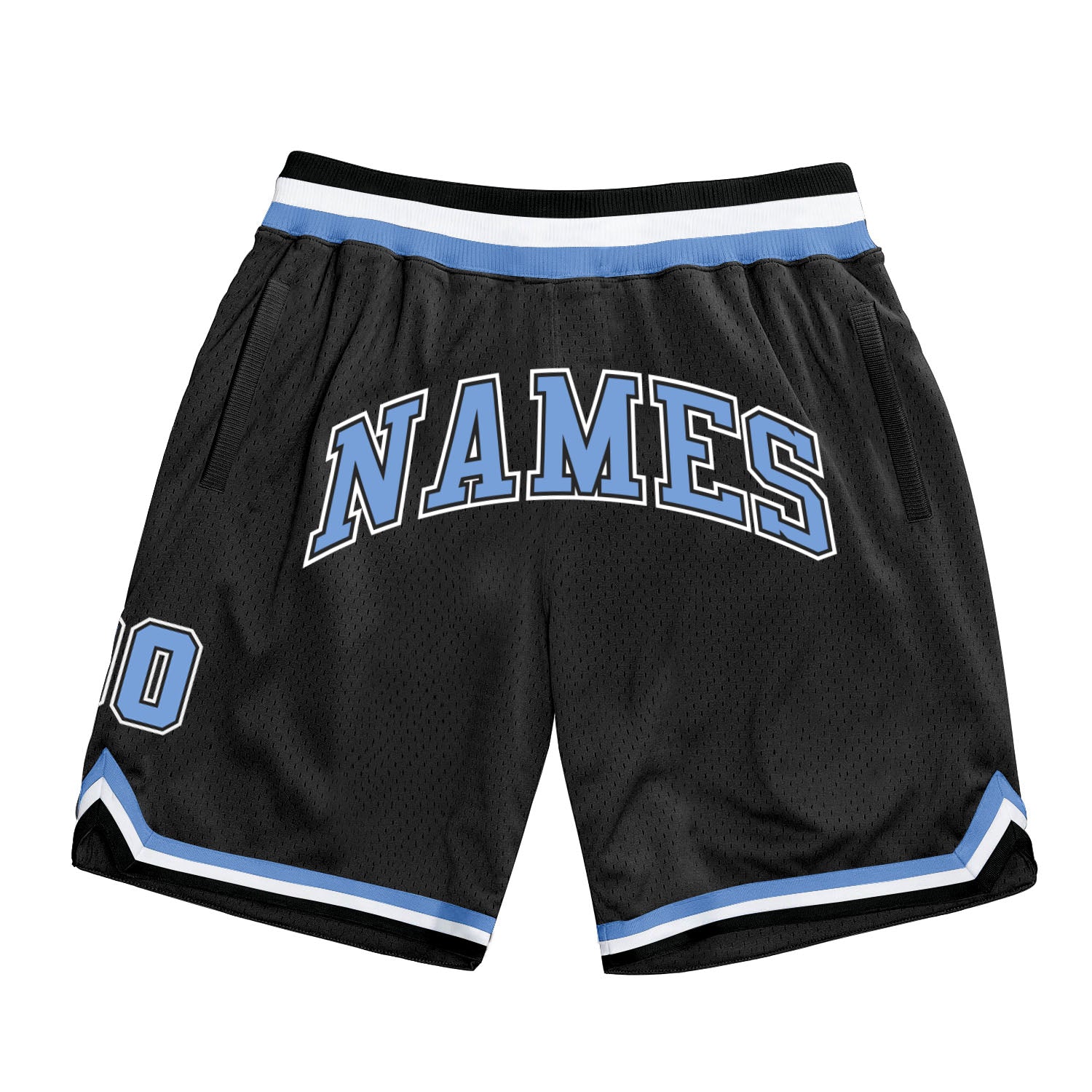 Custom Name Number Basketball Shorts - Personalized Authentic Throwback Black Light Blue-White Design Personalized Black