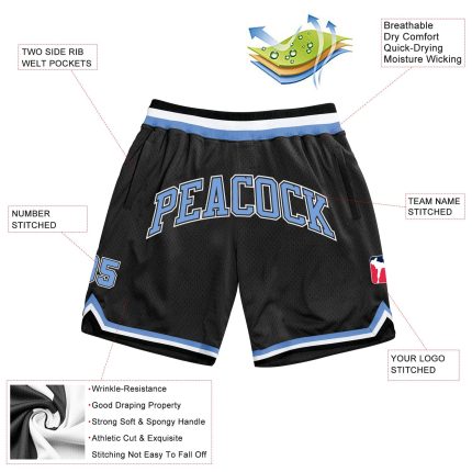 Custom Name Number Basketball Shorts - Personalized Authentic Throwback Black Light Blue-White Design Personalized Black