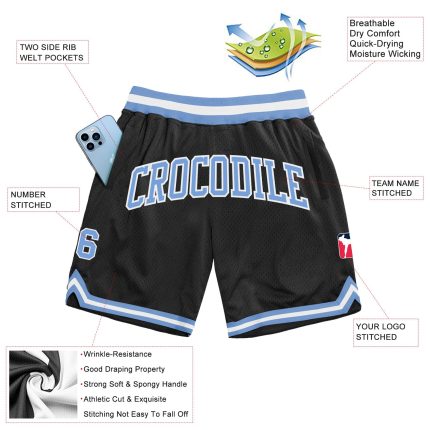 Personalized Black Light Blue White Basketball Shorts Authentic Throwback Design Personalized Black Light Blue-White Authentic