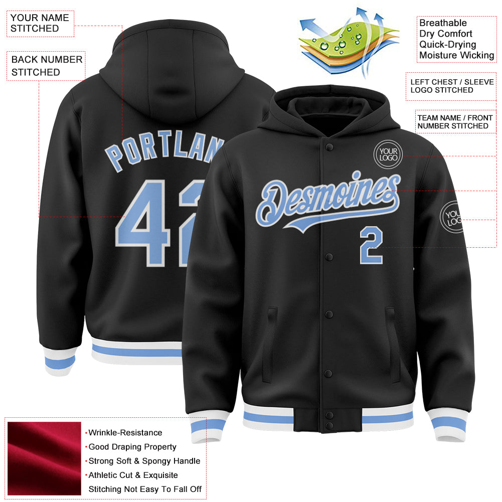 Personalized Black Light Blue-White Bomber Full-Snap Varsity Letterman Hoodie Jacket Personalized Varsity Letterman Hoodie Jacket Black Light Blue White Full-Snap Bomber Personalized Black Light Blue-White - Image 3