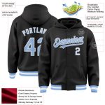 Custom Personalized Varsity Letterman Hoodie Jacket - Black Light Blue White Bomber with Team Name & Number Personalized