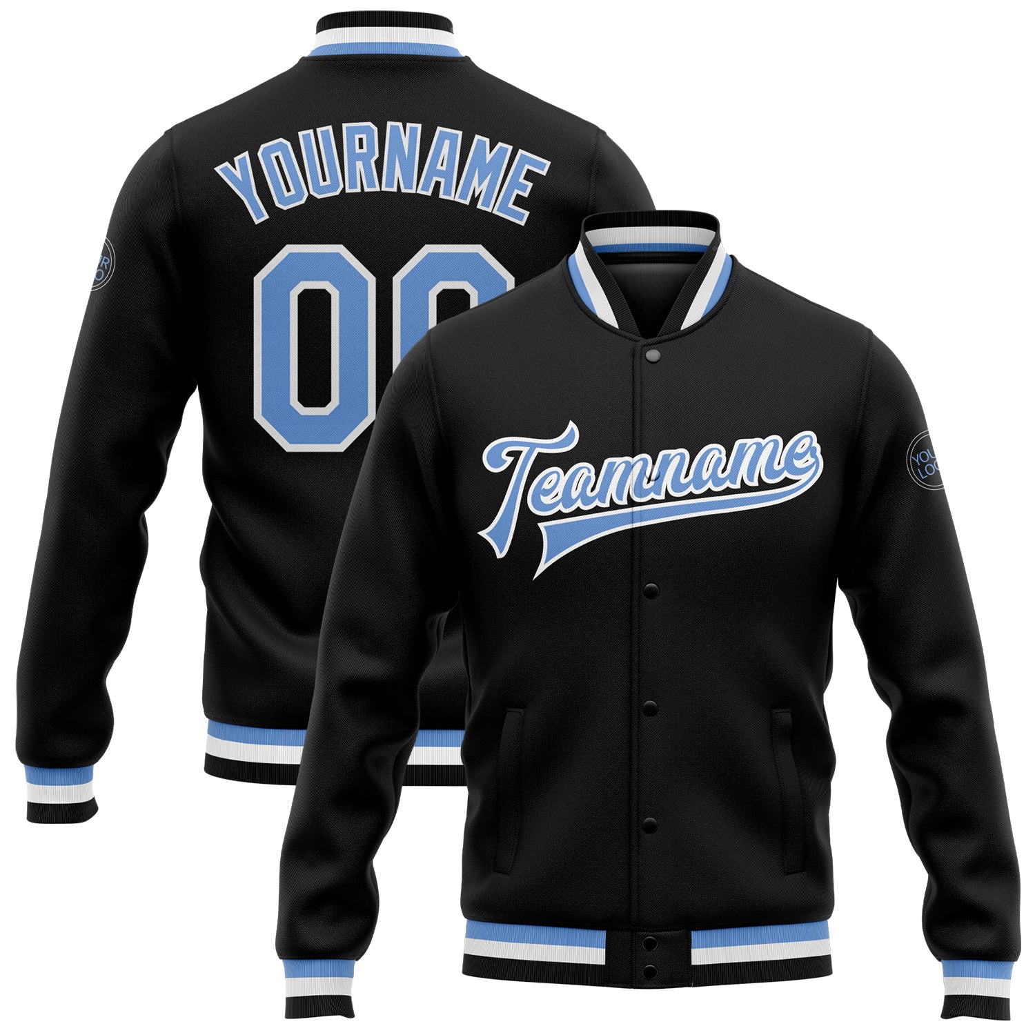 Personalized Black Light Blue White Varsity Bomber Full-Snap Letterman Jacket Personalized Black Light Blue-White Bomber