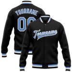 Custom Name Number Varsity Letterman Jacket Black Light Blue White Bomber Full-Snap Team Apparel Personalized Black Light