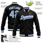 Custom Name Number Varsity Letterman Jacket Black Light Blue White Bomber Full-Snap Team Apparel Personalized Black Light