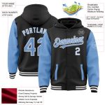 Custom Name and Number Black Light Blue-White Two Tone Bomber Varsity Hoodie Jacket Personalized Black Light Blue-White Bomber