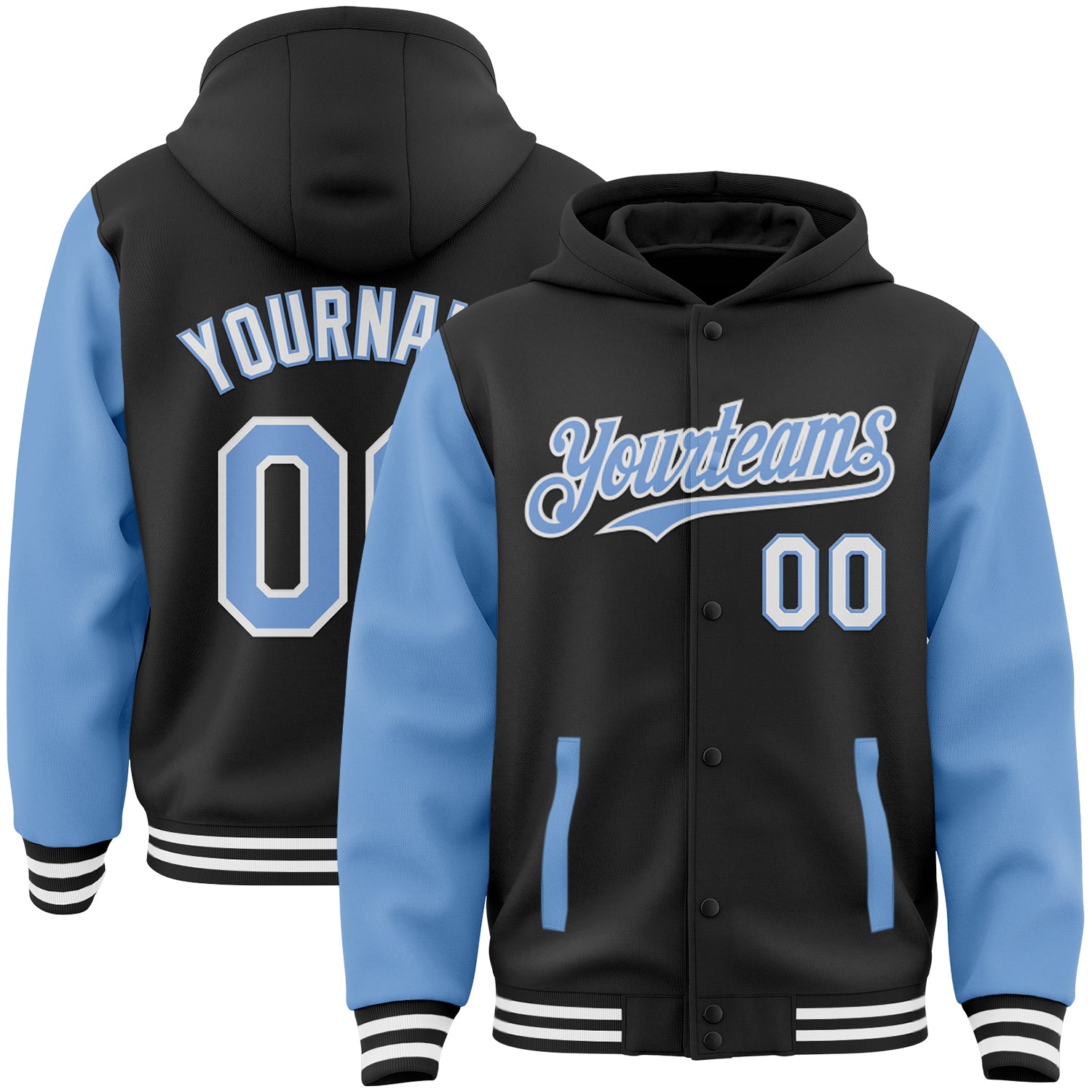 Custom Name and Number Black Light Blue-White Two Tone Bomber Varsity Hoodie Jacket Personalized Black Light Blue-White Bomber