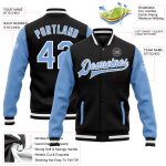 Personalized Two Tone Varsity Letterman Bomber Jacket Black Light Blue-White Full-Snap Personalized Black Light Blue-White