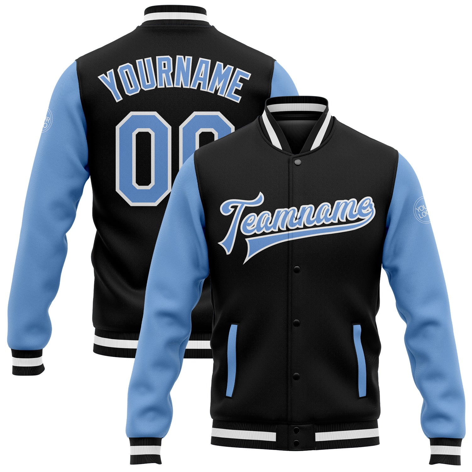 Personalized Two Tone Varsity Letterman Bomber Jacket Black Light Blue-White Full-Snap Personalized Black Light Blue-White