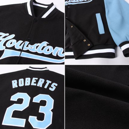 Custom Name & Number Varsity Letterman Jacket - Personalized Black Light Blue-White Two Tone Bomber Full-Snap Coat Personalized
