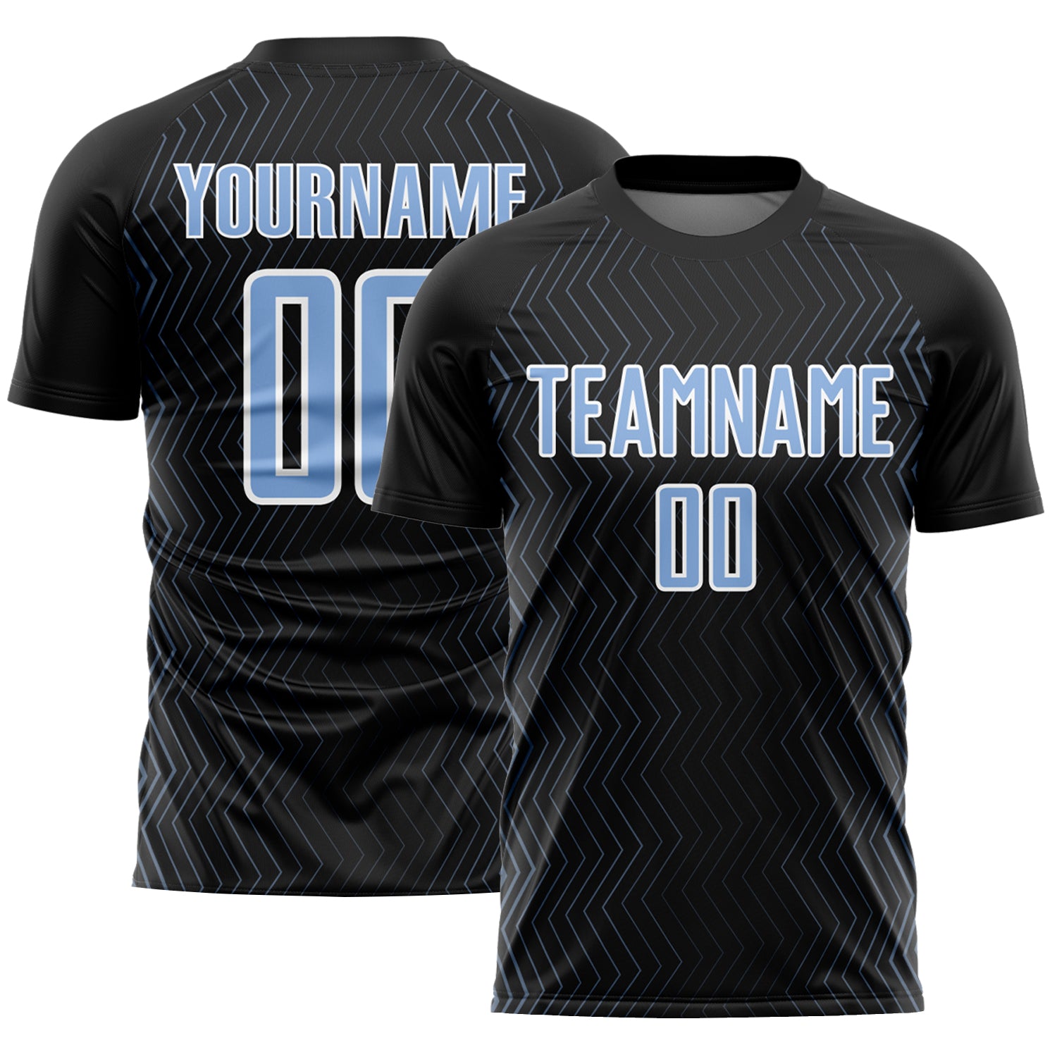 Custom Sublimation Soccer Jersey with Personalized Name & Number - Black Light Blue White Geometric Lines Design Personalized