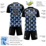 Custom Soccer Jersey with Personalized Name & Number, Black Light Blue-White Geometric Design, Sublimation Uniform Personalized