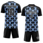 Custom Soccer Jersey with Personalized Name & Number, Black Light Blue-White Geometric Design, Sublimation Uniform Personalized