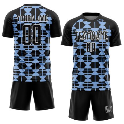 Custom Soccer Jersey with Personalized Name & Number, Black Light Blue-White Geometric Design, Sublimation Uniform Personalized