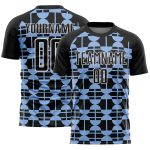 Custom Soccer Jersey with Personalized Name & Number, Black Light Blue-White Geometric Design, Sublimation Uniform Personalized