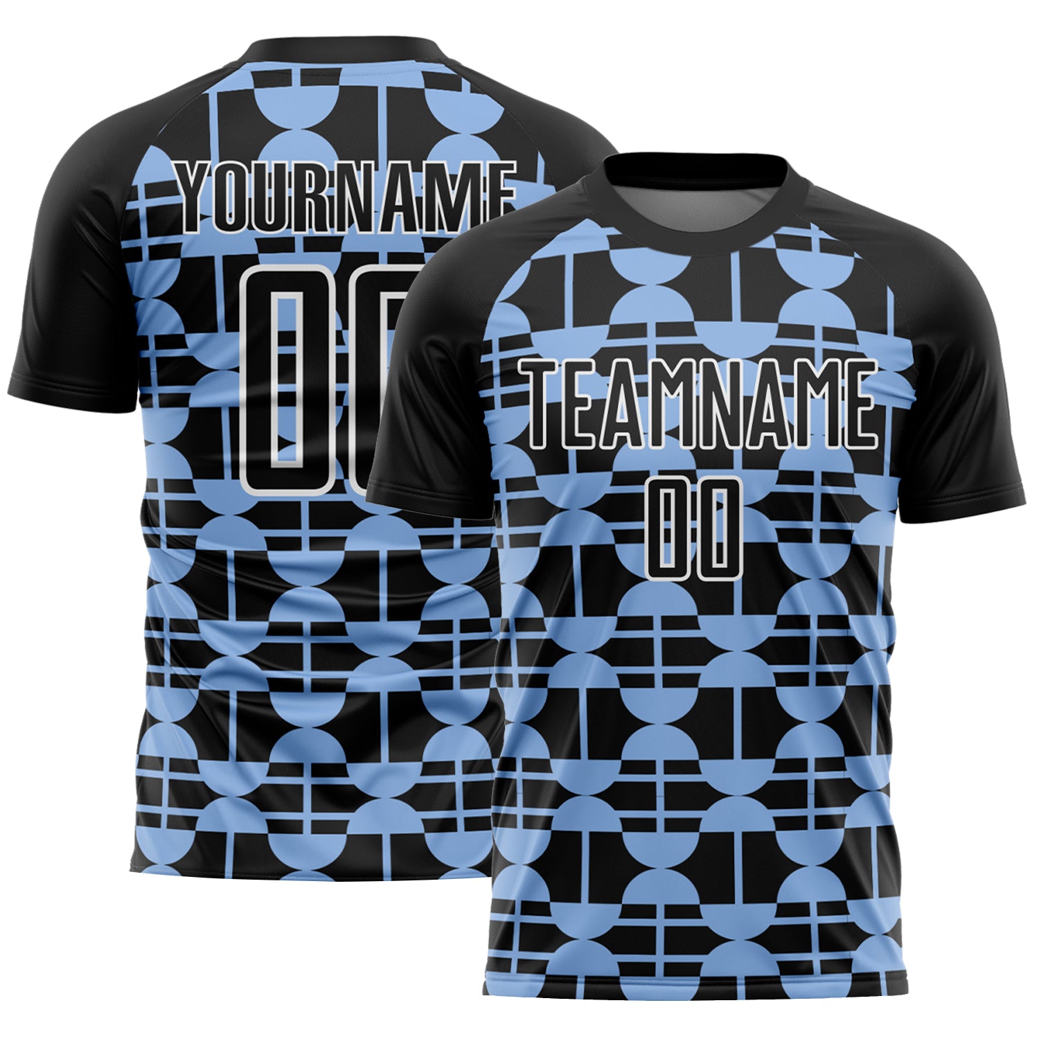 Custom Soccer Jersey with Personalized Name & Number, Black Light Blue-White Geometric Design, Sublimation Uniform Personalized