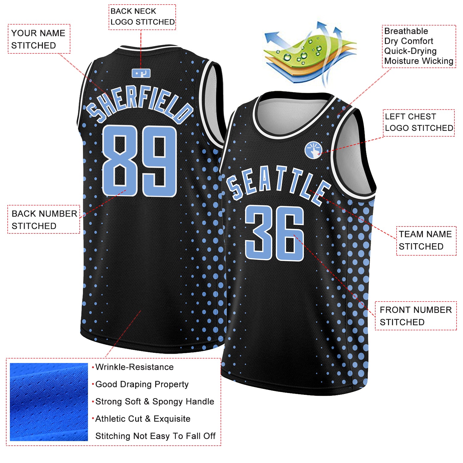 Personalized Black Light Blue White Halftone Basketball Jersey - City Edition Personalized Black Light Blue-White Halftone - Image 2