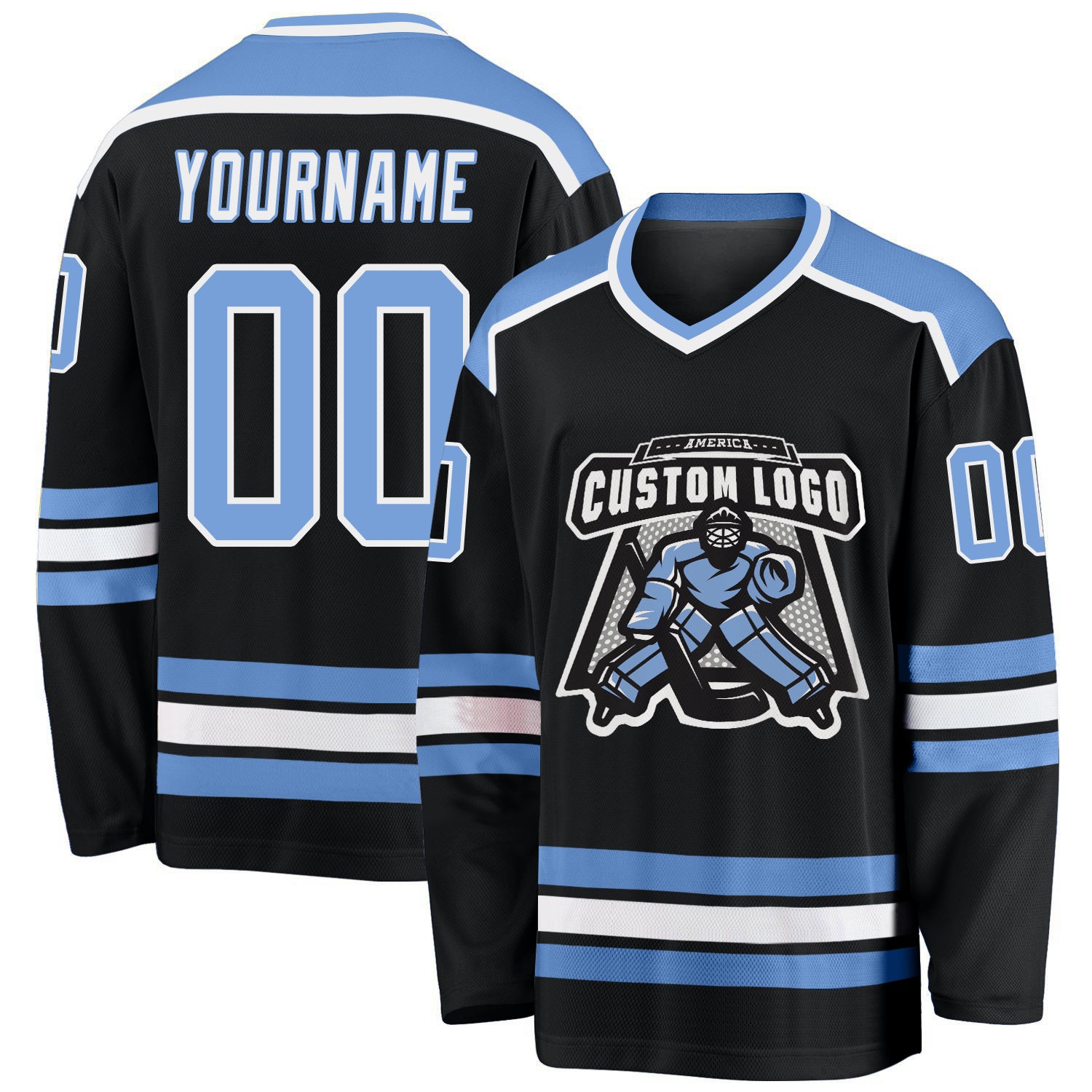 Custom Name Number Hockey Jersey - Personalized Black Light Blue White Team Jersey Personalized Black Light Blue-White Hockey