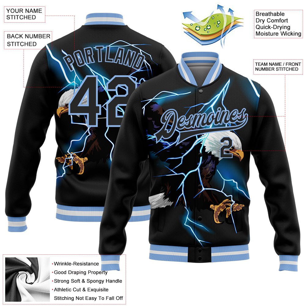 Black Lightning Eagle 3D Personalized Varsity Letterman Bomber Jacket - Black Light Blue-White Full-Snap Design Personalized - Image 5