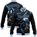 Custom Personalized Lightning Eagle 3D Bomber Varsity Jacket with Name and Number - Black Light Blue-White Letterman Design
