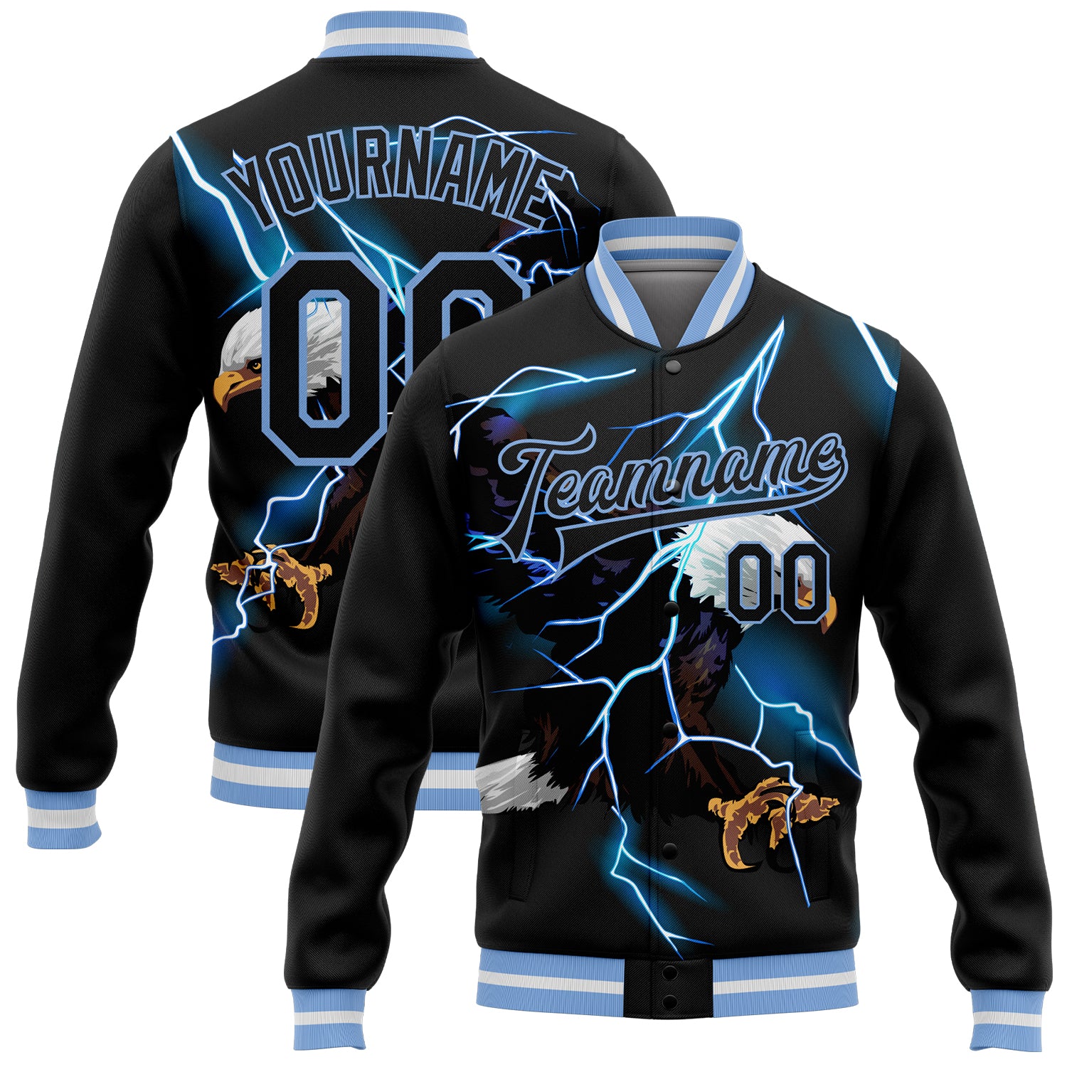 Custom Personalized Lightning Eagle 3D Bomber Varsity Jacket with Name and Number - Black Light Blue-White Letterman Design