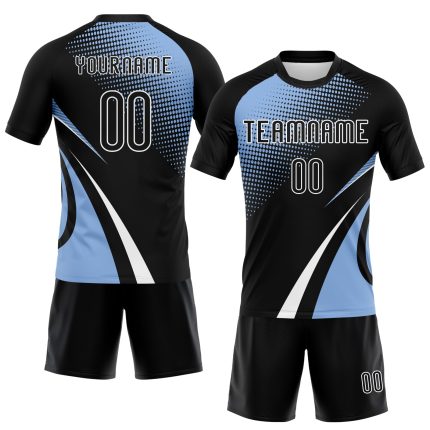 Custom Sublimation Volleyball Jersey with Personalized Name and Number - Black Light Blue White Lines and Dots Design Personalized