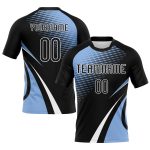 Custom Sublimation Volleyball Jersey with Personalized Name and Number - Black Light Blue White Lines and Dots Design Personalized