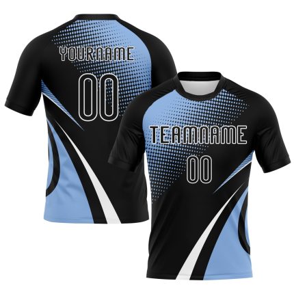 Custom Sublimation Volleyball Jersey with Personalized Name and Number - Black Light Blue White Lines and Dots Design Personalized