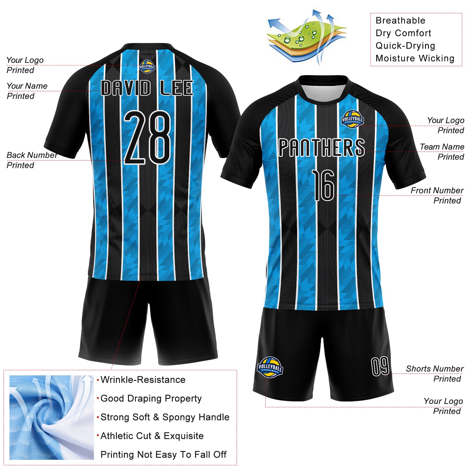 Personalized Black Light Blue White Lines Volleyball Jersey Uniform Personalized Black Light Blue-White Lines Sublimation - Image 4