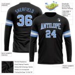 Custom Name and Number Long Sleeve T-Shirt - Personalized Black and Light Blue Performance Tee Personalized Black Light Blue-White