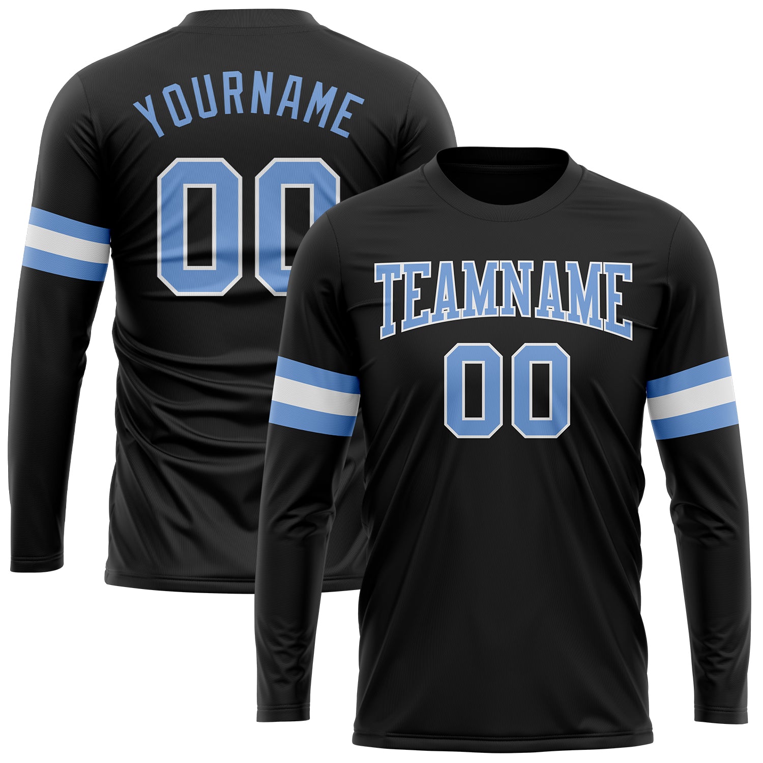 Custom Name and Number Long Sleeve T-Shirt - Personalized Black and Light Blue Performance Tee Personalized Black Light Blue-White