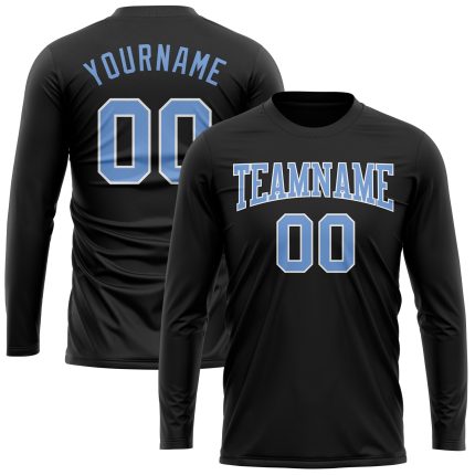 Custom Name and Number Long Sleeve T-Shirt - Personalized Black and Light Blue Performance Tee Personalized Black Light Blue-White