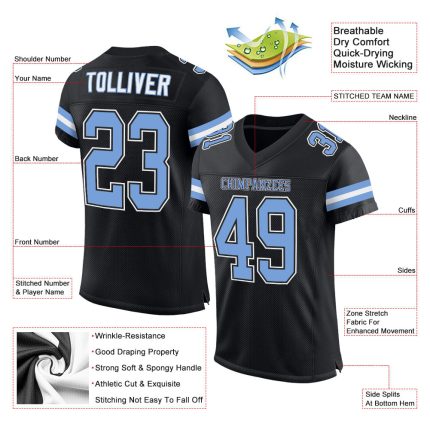 Custom Black Light Blue White Mesh Football Jersey with Personalized Name and Number - Authentic Team Gear Personalized Black