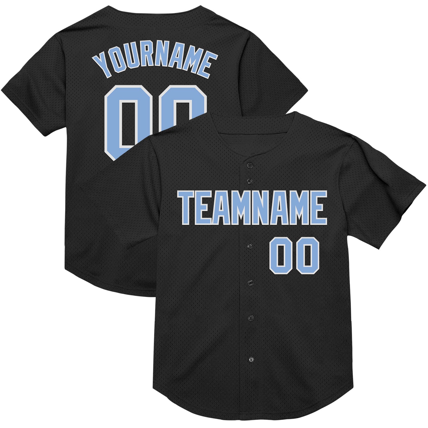 Personalized Black Light Blue White Baseball Jersey - Authentic Throwback Mesh Style Personalized Black Light Blue-White