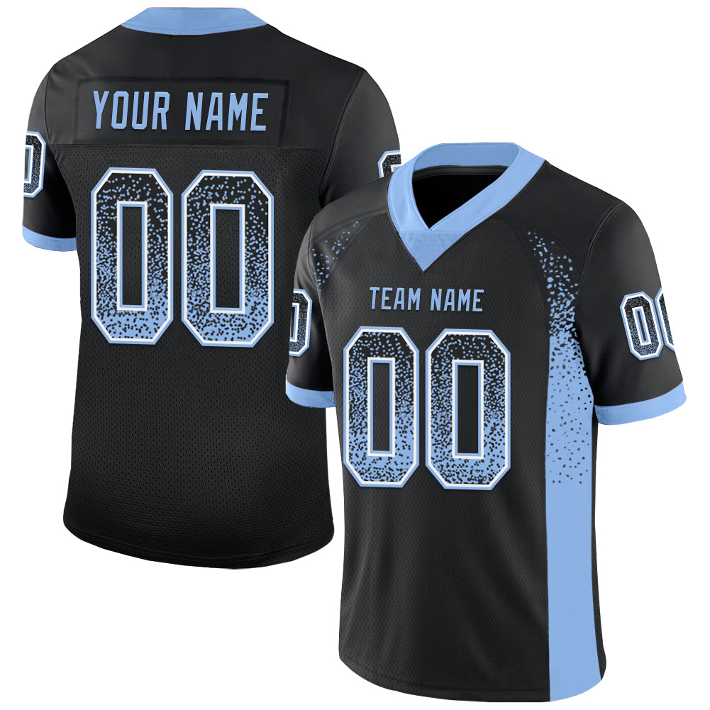 Custom Black Light Blue White Mesh Drift Fashion Football Jersey with Personalized Name and Number Personalized Black Light