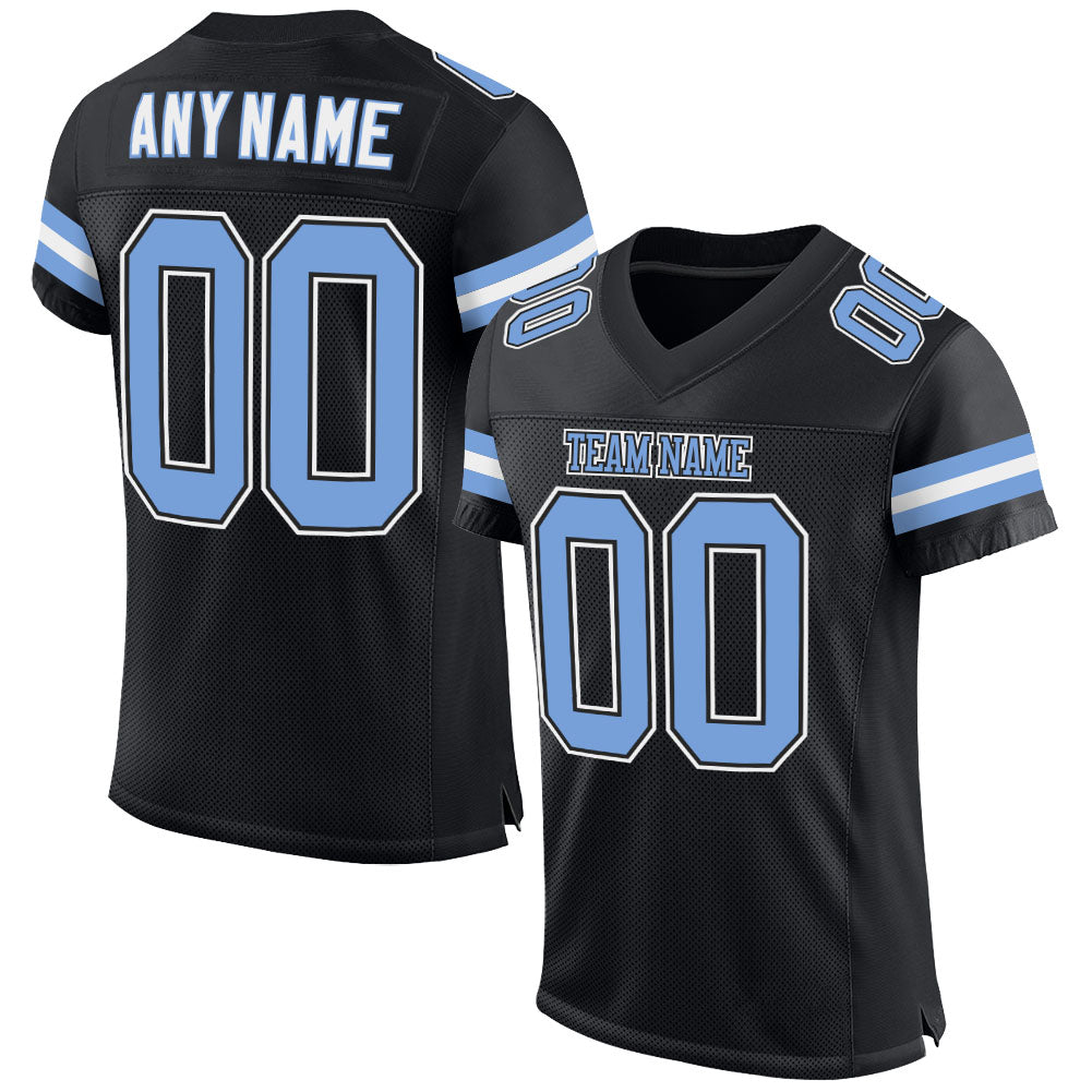 Personalized Black Light Blue and White Football Jersey for Men, Custom Mesh Style Personalized Black Light Blue-White Mesh