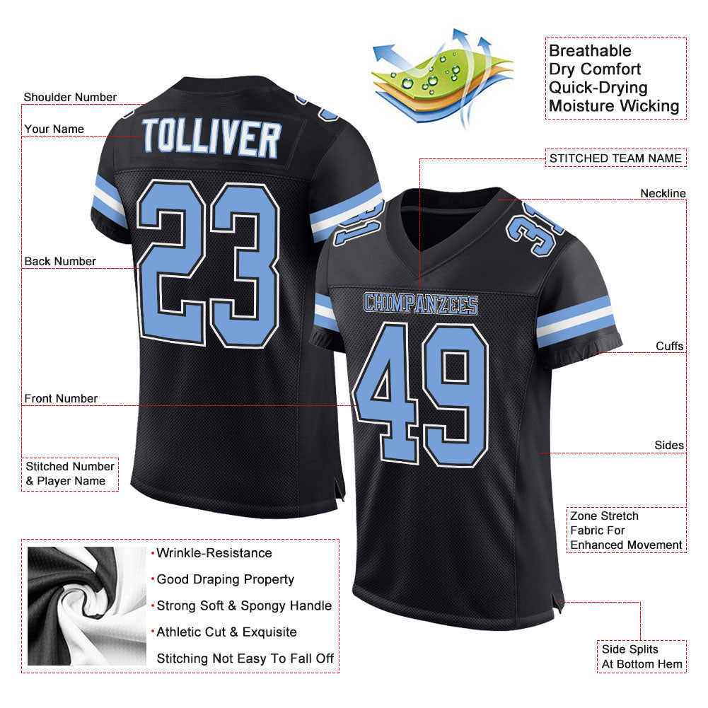 Personalized Black Light Blue and White Football Jersey for Men, Custom Mesh Style Personalized Black Light Blue-White Mesh - Image 2